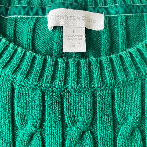 Charter Club Preppy Cotton Cable Knit Crewneck Sweater in Emerald Green - Picture 5 of 10
